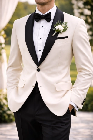 Custom tuxedo in Pensacola with black lapel, made to measure by Myra Tailors