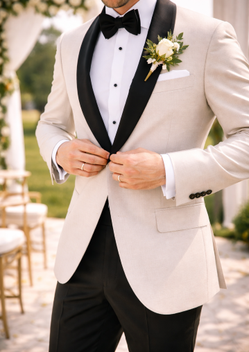 Groom wearing a light summer tuxedo made to measure in Pensacola by Myra Tailors
